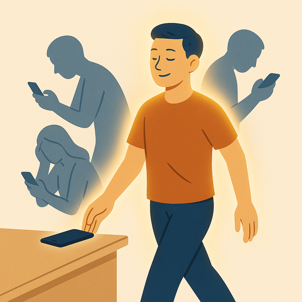 Calm glowing person setting down a phone with shadowy figures absorbed in screens behind them