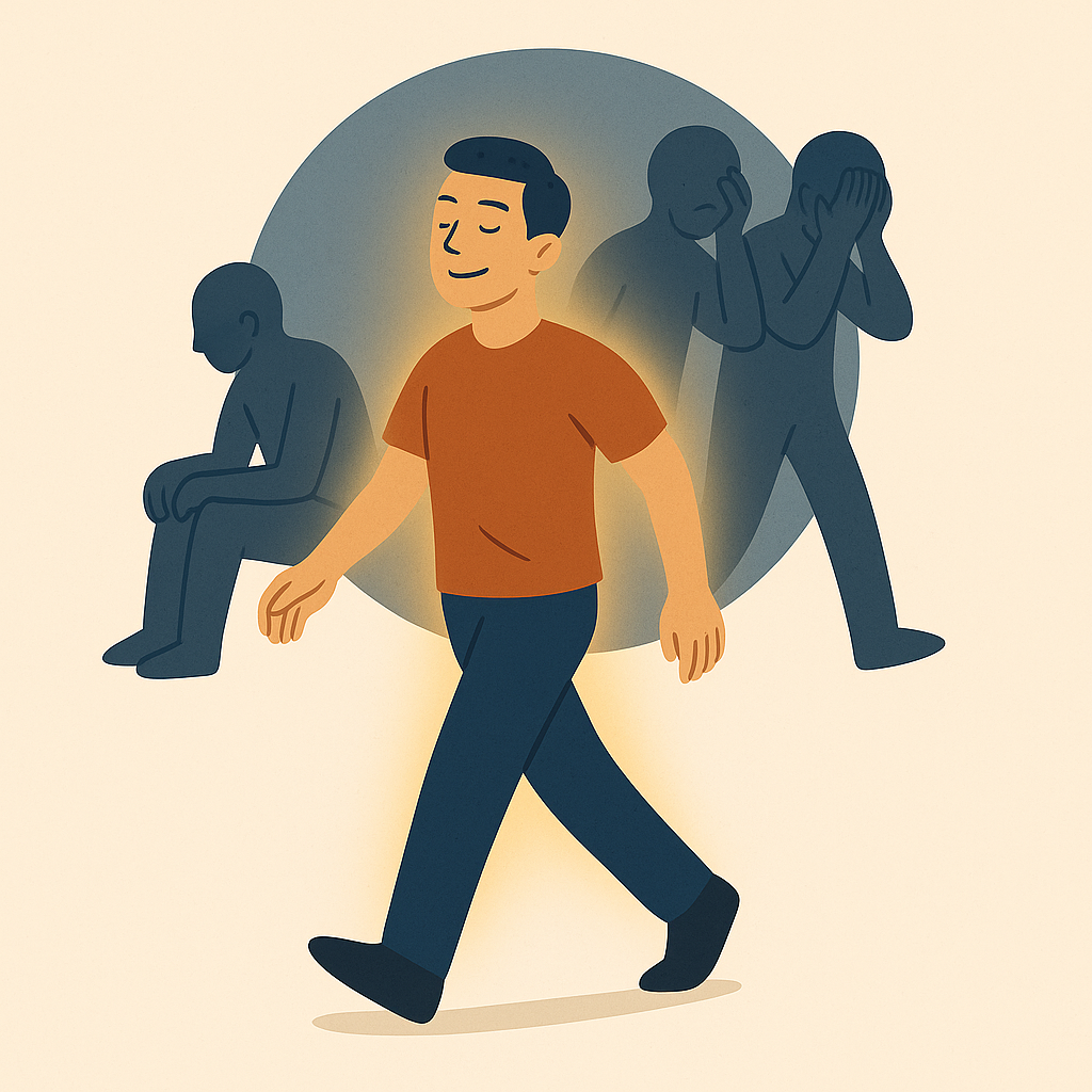 Calm glowing person walking forward with shadowy figures of avoidance behind them