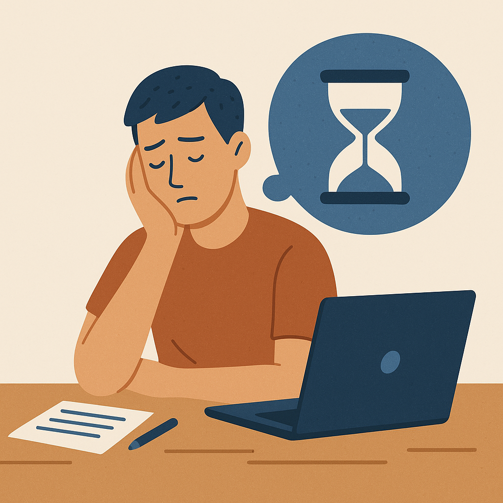 Man sitting at a desk, looking thoughtful, with an hourglass in a thought bubble—symbolizing procrastination and time pressure.