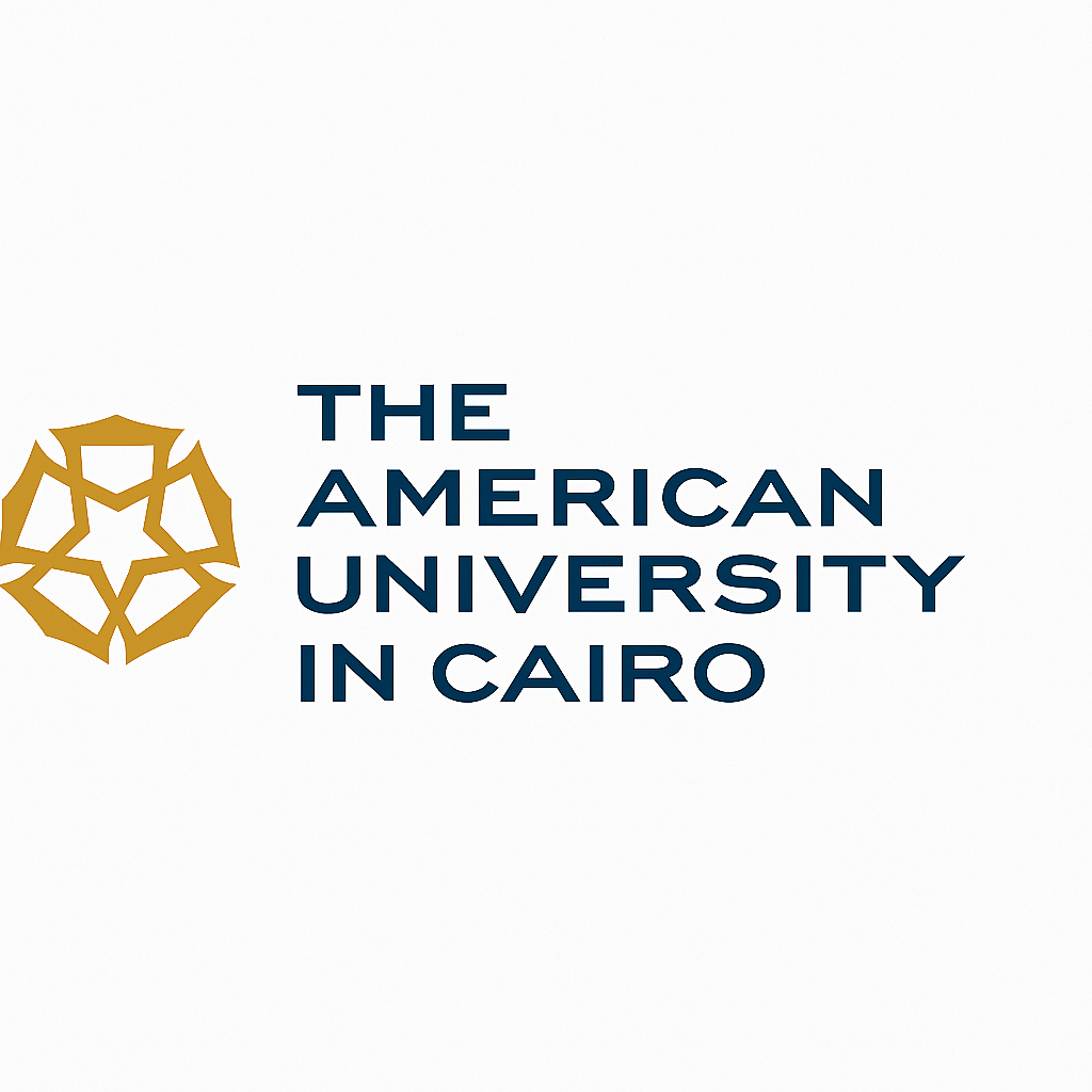 Logo of The American University in Cairo with a gold geometric emblem and blue text on a white background.