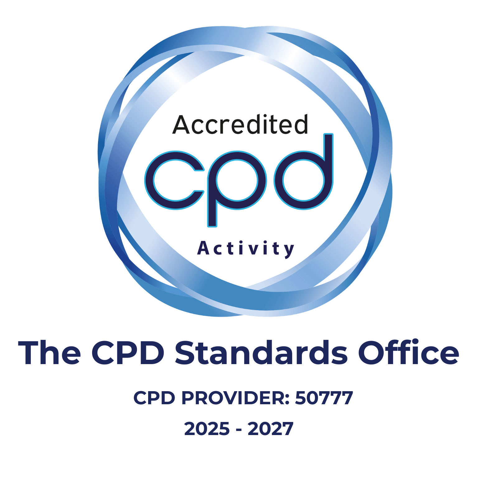 A circular badge with a blue and white swirl background. The text inside reads 'Accredited CPD Activity.' Below the badge, it says 'The CPD Standards Office,' followed by 'CPD PROVIDER: 50777' and the years '2025 - 2027.'
