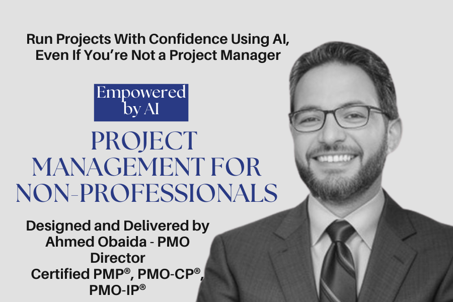 Cover slide for a project management course titled 'Project Management for Non-Professionals,' featuring a smiling man in a suit and glasses, with course details and a focus on AI empowerment.