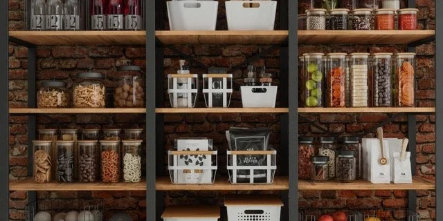 Bathroom or pantry shelf with jars and containers holding spices, snacks, and kitchen items.