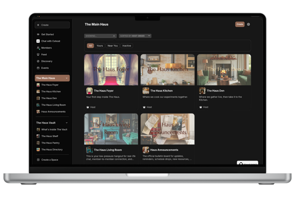 Laptop screen displaying the interface of an online community platform called 'The Main Haus' with sections for 'The Haus Foyer', 'The Haus Kitchen', 'The Haus Den', and 'The Haus Living Room', featuring thumbnails and descriptions.