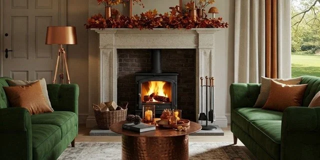 A cozy living room with a fireplace, two green sofas with orange pillows, a round wooden coffee table, a basket with firewood, candles, and decorative items, and a window showing greenery outside.