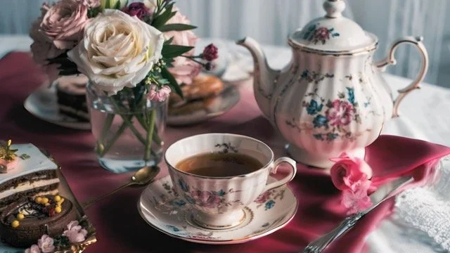 Tea cup with tea on a table with floral teapot, flowers in a vase, and a plate of cake.
