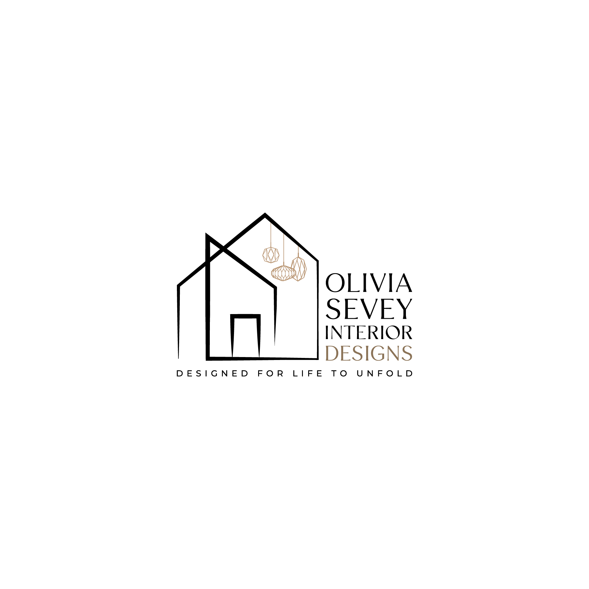 Black background with elegant gold geometric text reading "Designs" and a delicate gold geometric chandelier hanging below.