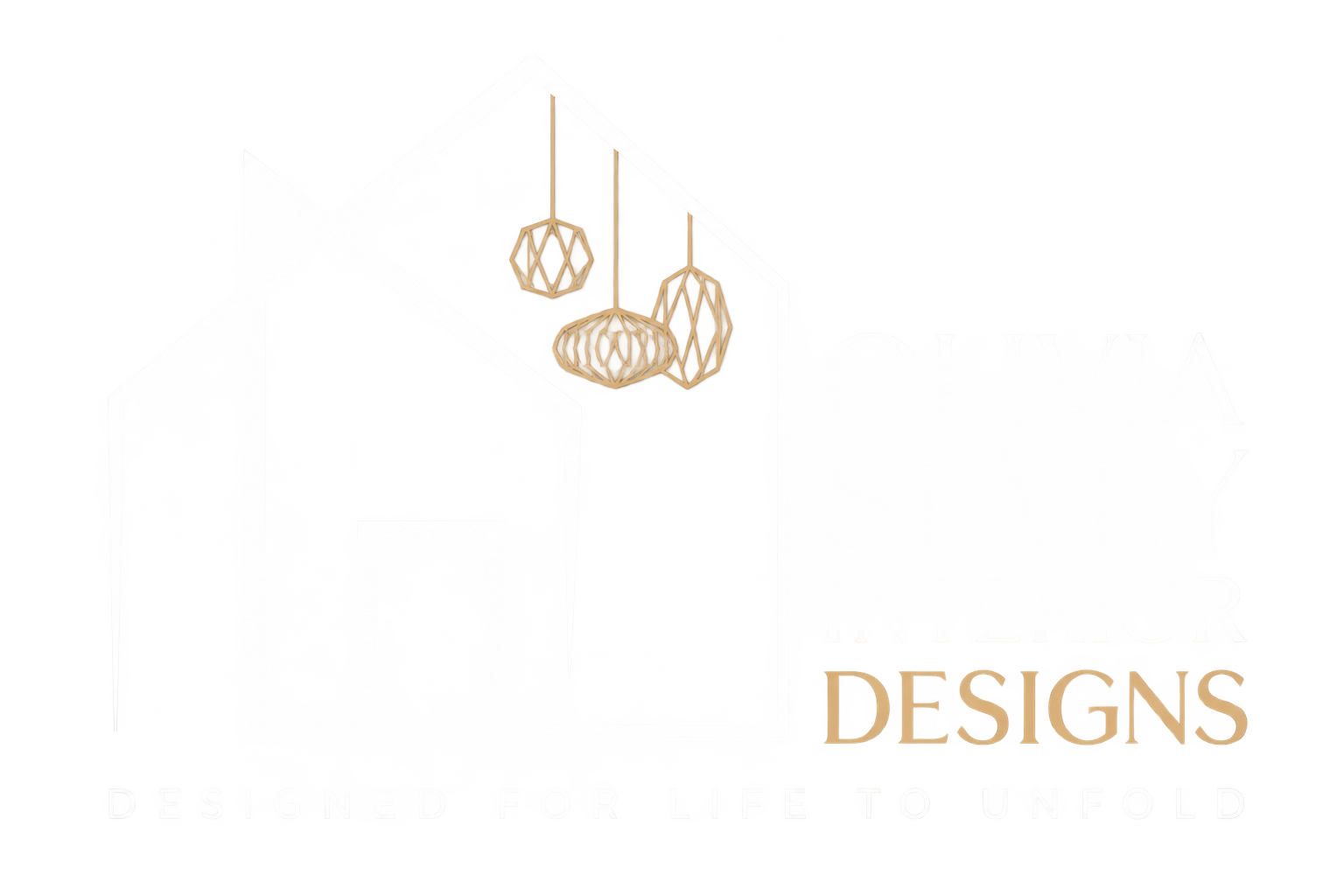 Logo for Olivia Y Interiors with a house outline, three hanging pendant lights, and the text 'OLIVIA Y INTERIOR DESIGNS' and 'DESIGNED FOR LIFE TO UNFOLD'.