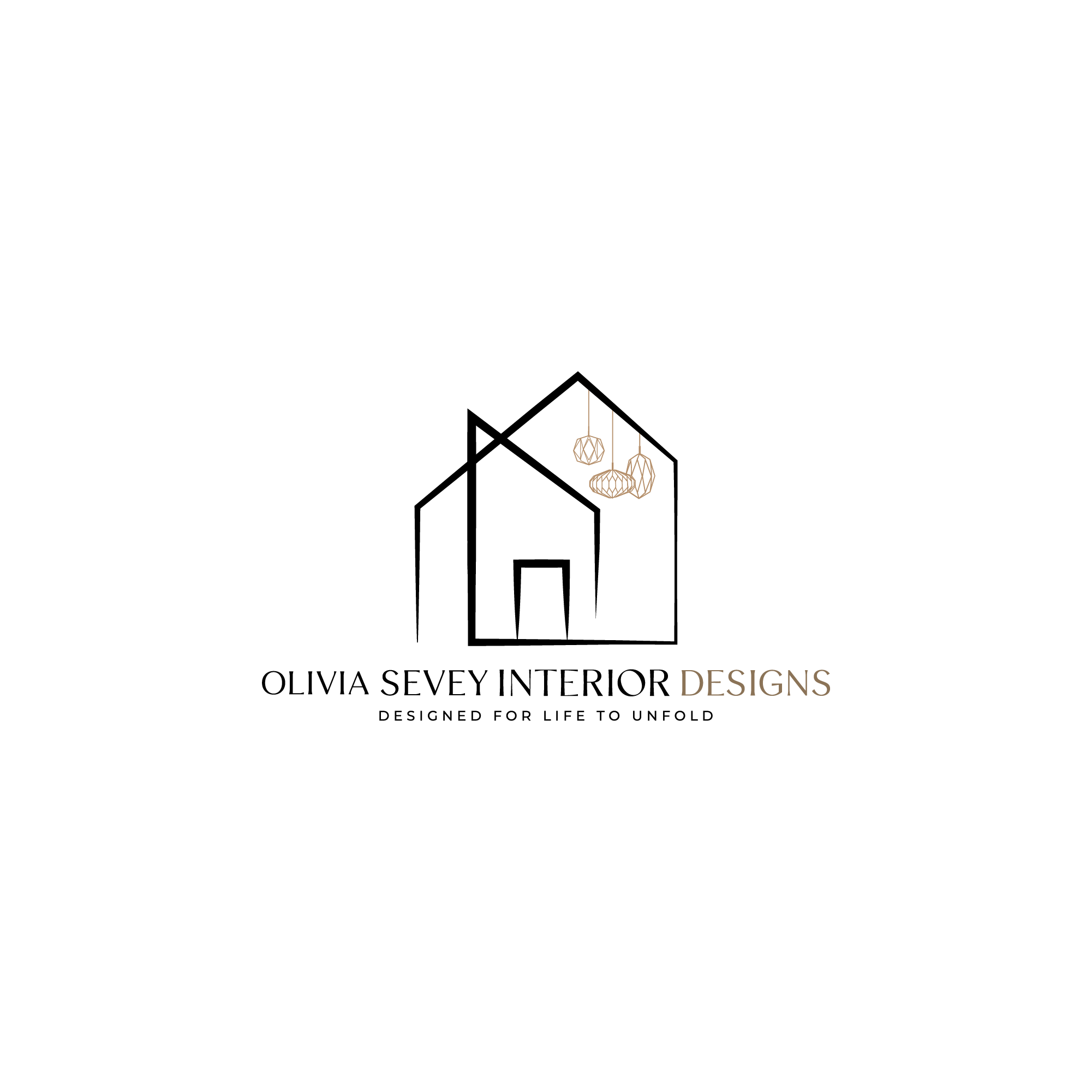 Minimalist chandelier with hanging geometric shapes, simple black background, and the word 'DESIGNS' written at the bottom.
