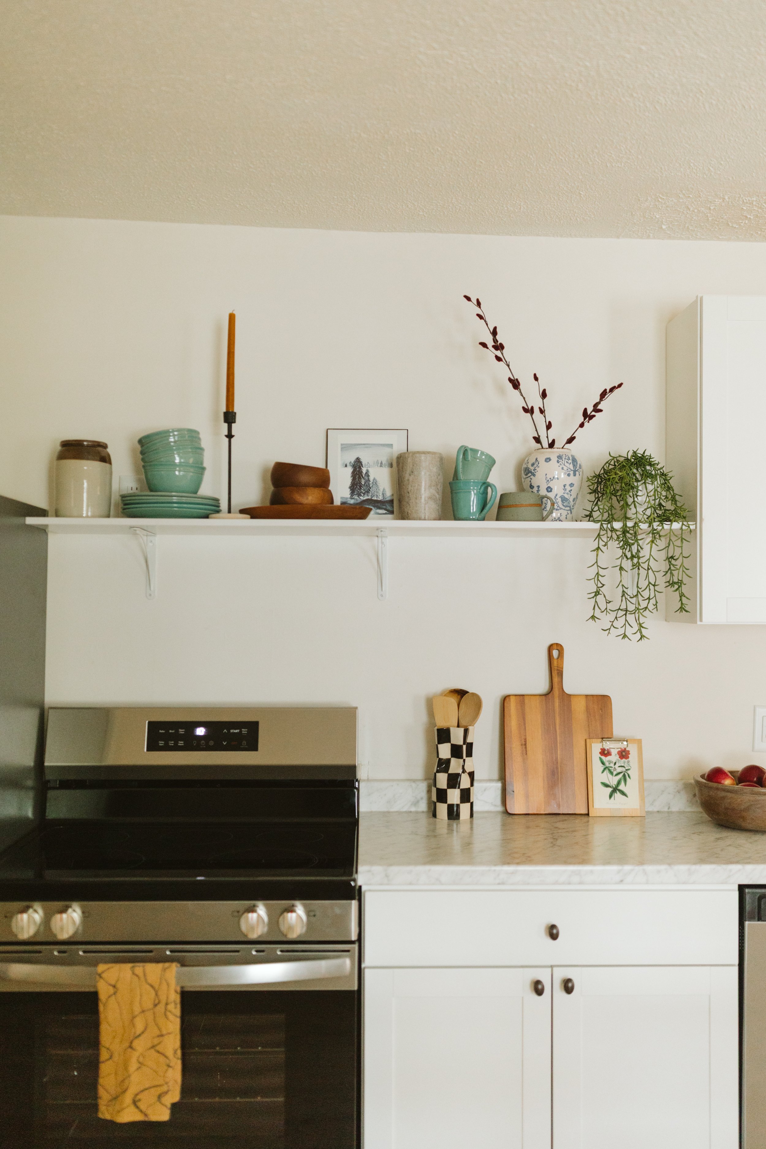 Kitchen shelf with dishes, framed picture, vases, and plants above a stove and countertop.