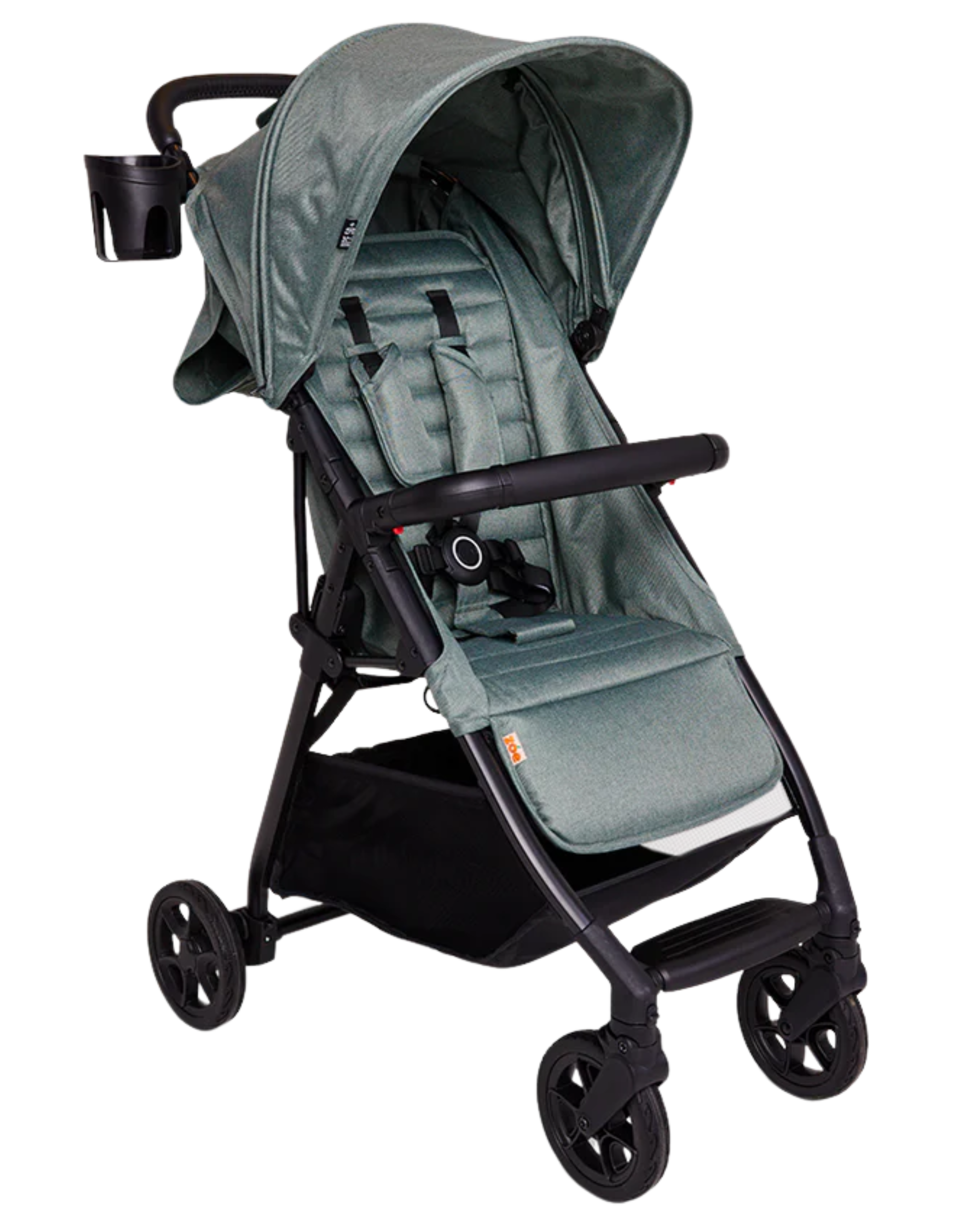 A green baby stroller with four wheels, adjustable canopy, and a cup holder attached to the handlebar.