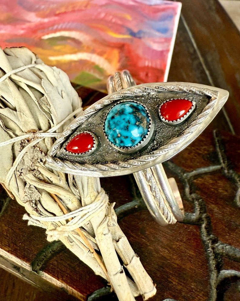 Desert Sky Marquise Cuff - Turquoise & Red Coral