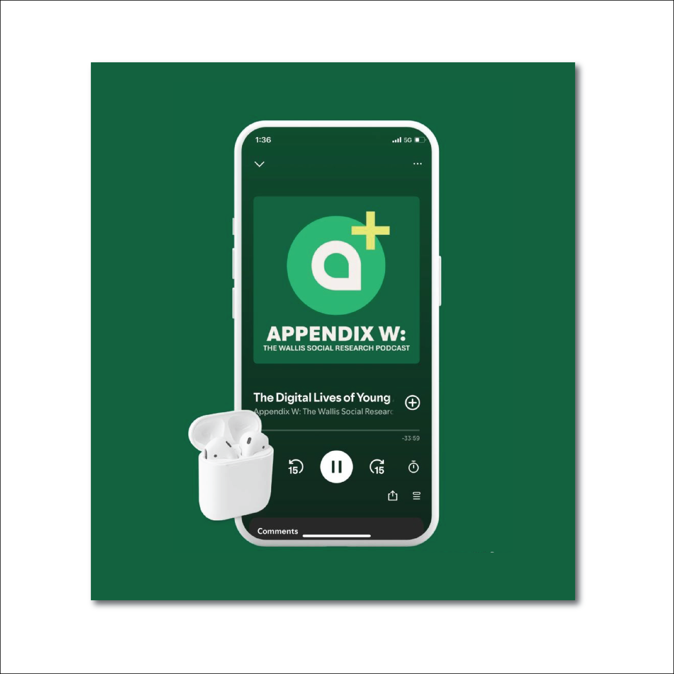 Smartphone screen showing the podcast 'Appendix W' titled 'The Digital Lives of Young,' with a pair of wireless earbuds placed beside it.