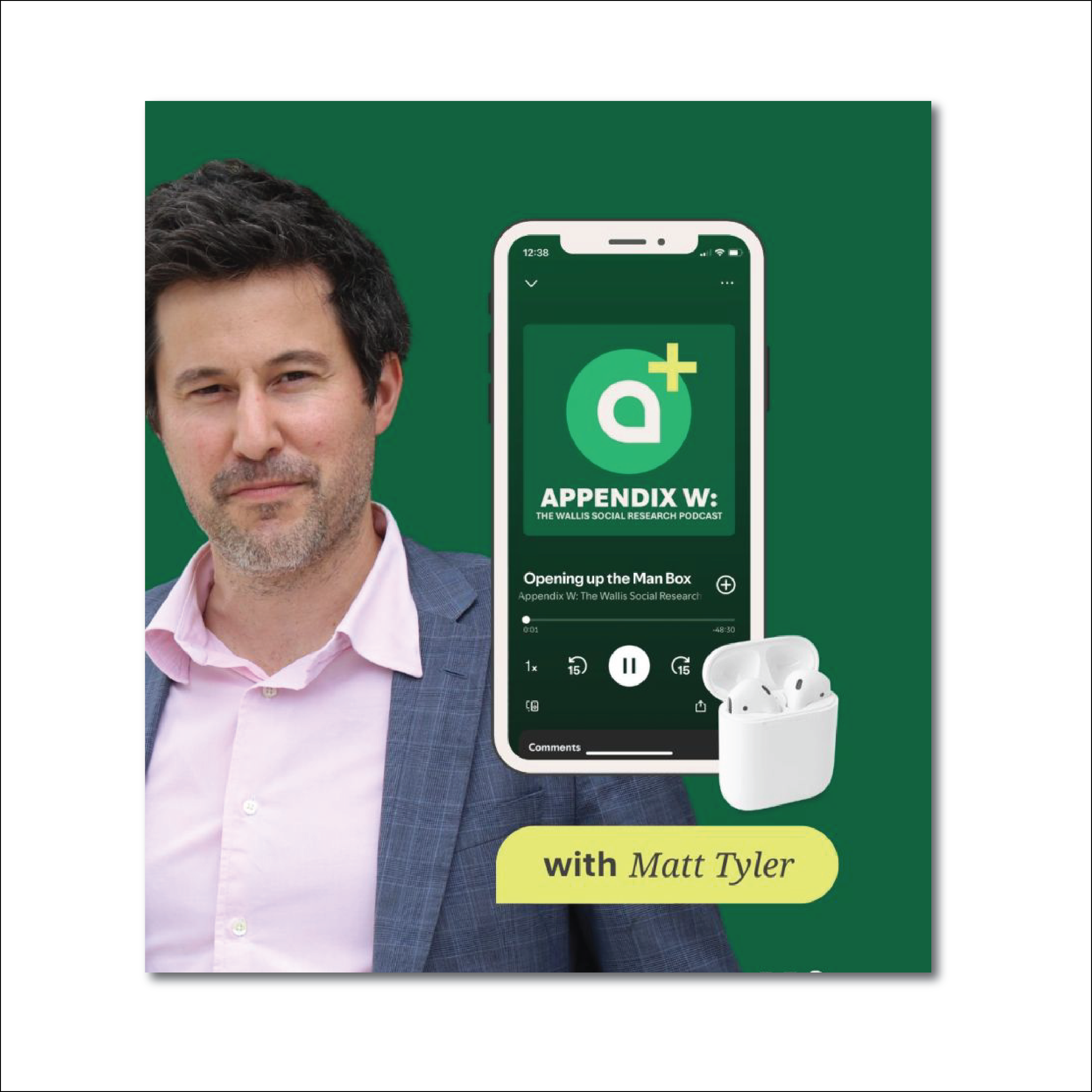 Cover of a podcast titled 'Appendix W: The Wallis Social Research Podcast' featuring a man with dark hair and a beard, wearing a pink shirt and a blue blazer, standing in front of a green background. A smartphone screen shows the podcast playing, along with wireless earbuds and a yellow label with black text reading 'with Matt Tyler'.