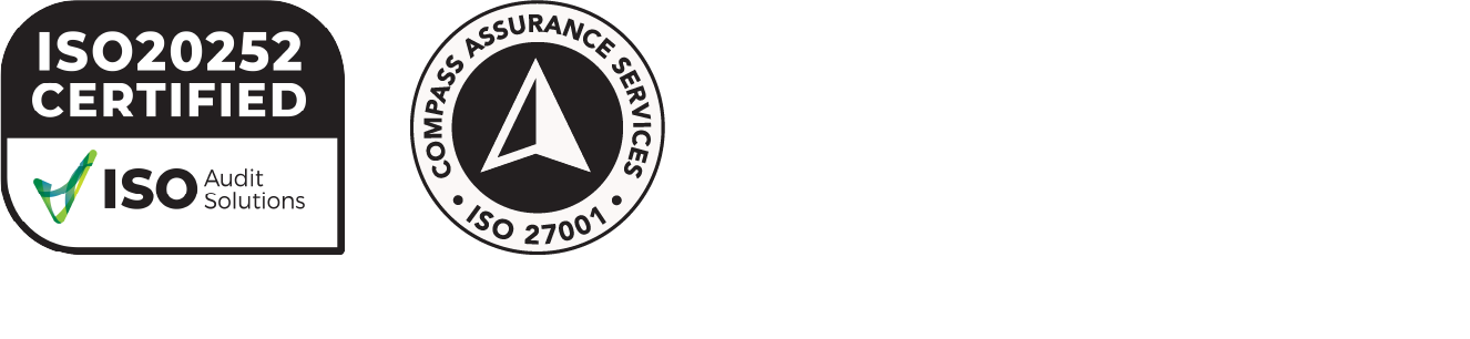 ISO 20252 and ISO 27001 certification logos, ADIA Trust Mark Member 2026/27 logo, B Corporation certification logo.