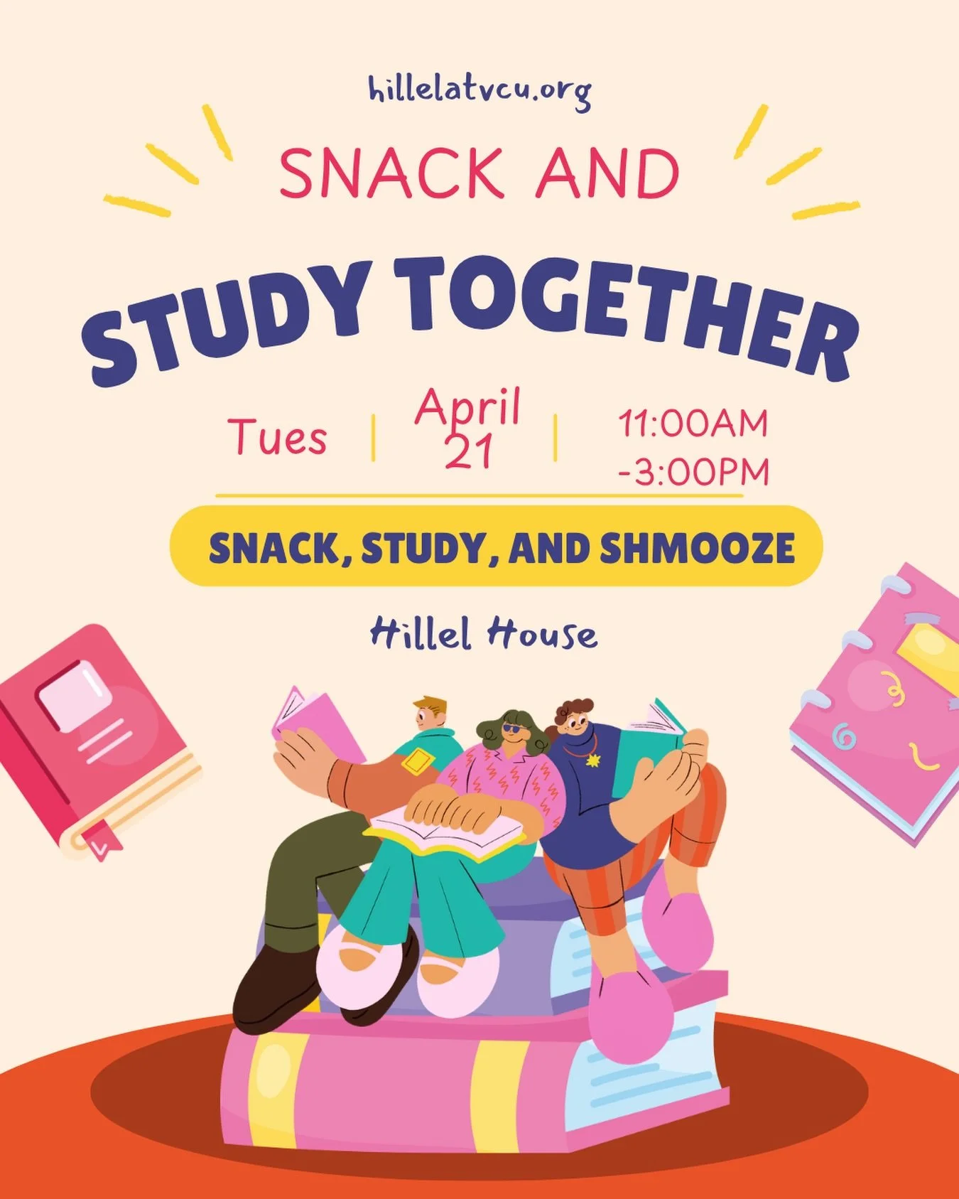 Swing by the Hillel House tomorrow between 11:00am-3:00pm to study, grab a snack, and hang! 📖