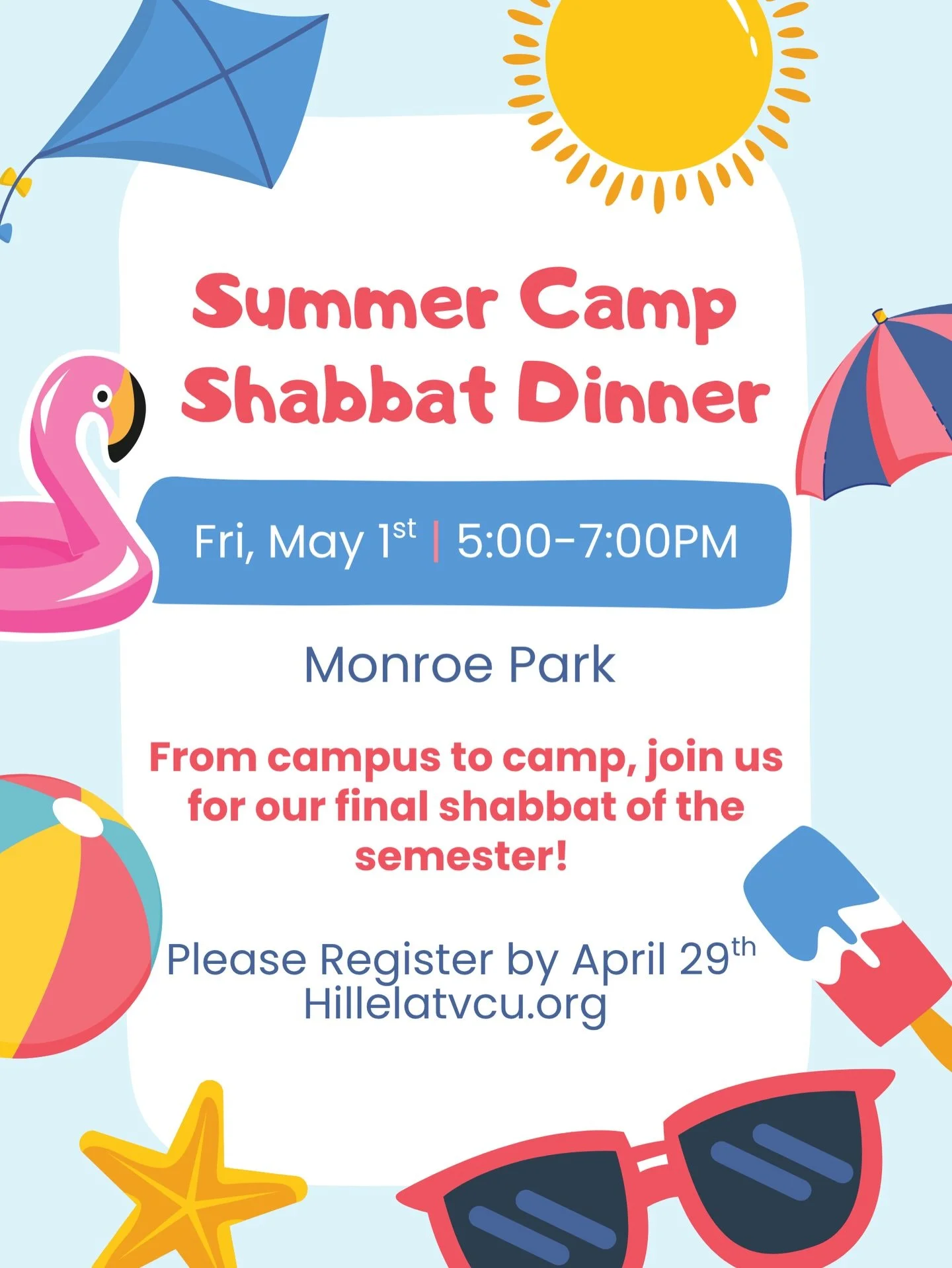 Gather together in Monroe Park for a Jewish summer camp themed Shabbat dinner filled with nostalgic vibes! 😎As the semester comes to a close this is a chance to unwind, reflect, and celebrate everything we have built this year! ☀️