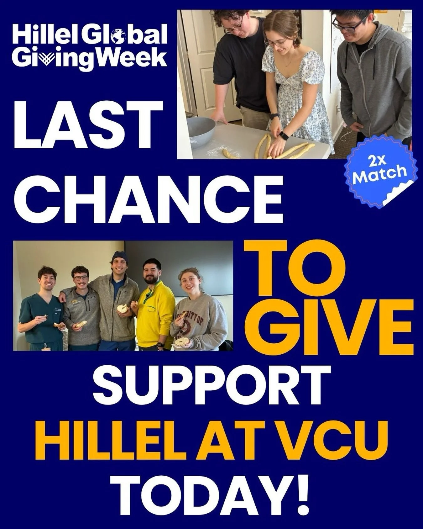 🚨Last Day to Give! 🚨#HillelGlobalGivingWeek ends TONIGHT! This is your final chance to have your gift MATCHED and make twice the impact for Jewish students at Hillel at VCU Don&rsquo;t wait&mdash;help us finish strong! Give now ➡️ give.hillel.org/v