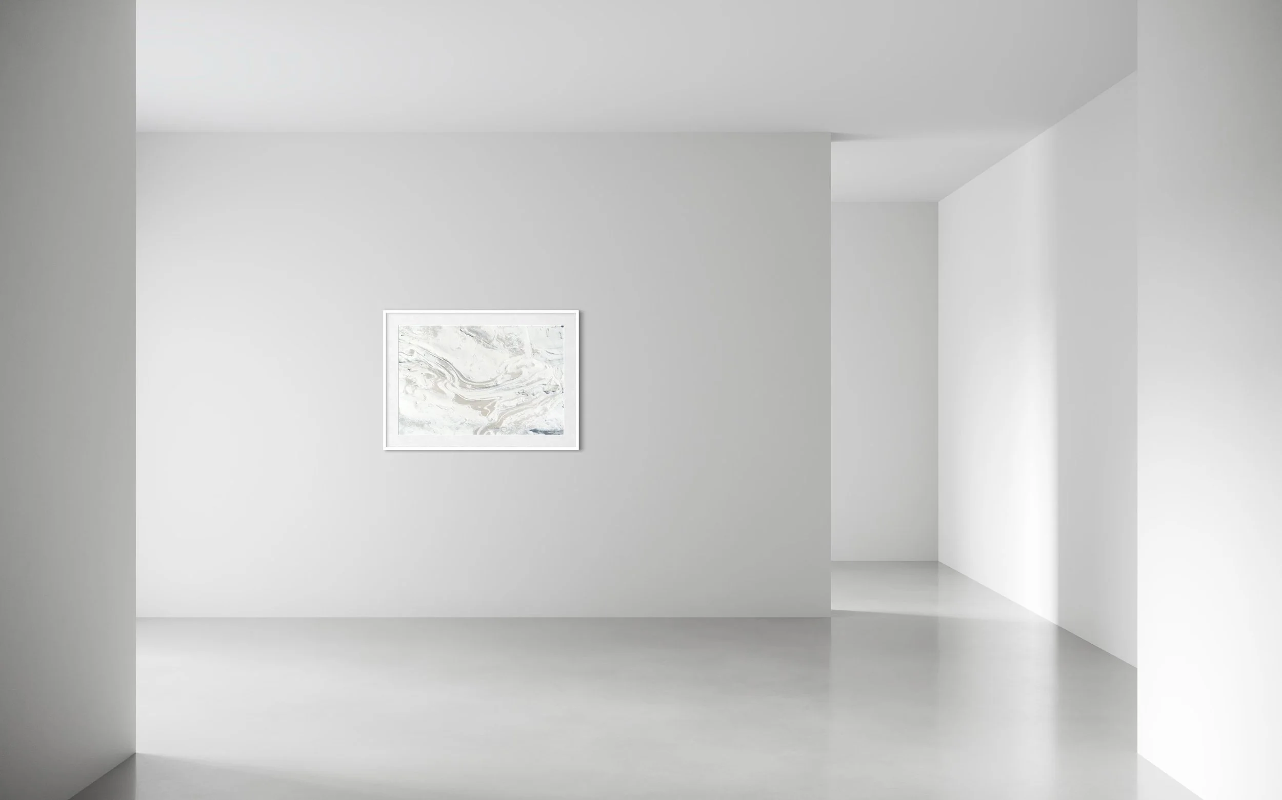 A gallery mock up of Taylor O'Sullivan's Refluent Horizontal. The piece is photographed with a white frame. The piece is of a close up image of a rock in Greece, showing texture.