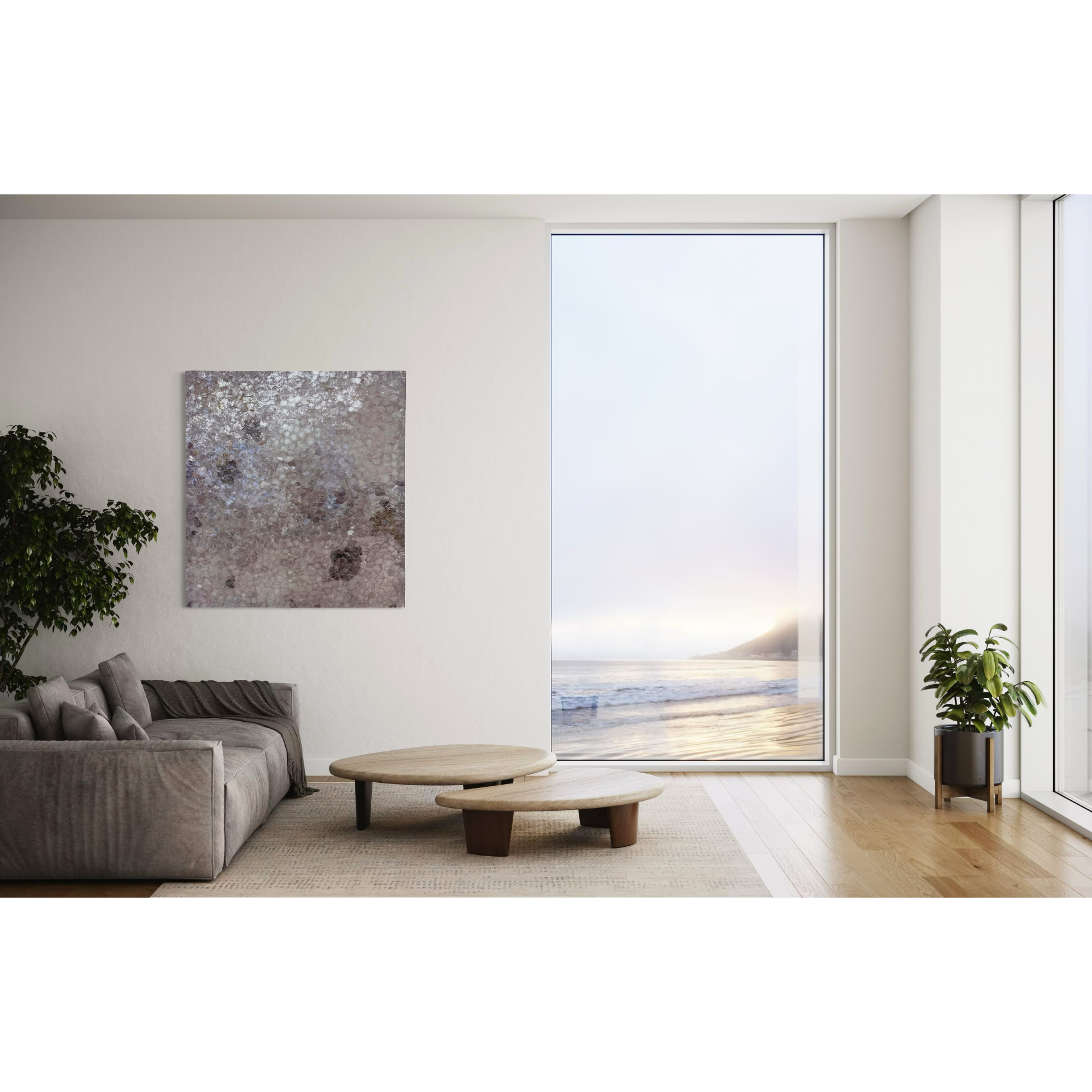 Rosalind Tallmadge's Estuary mocked up in a beach house, on  a living room wall next to a window over looking the beach.