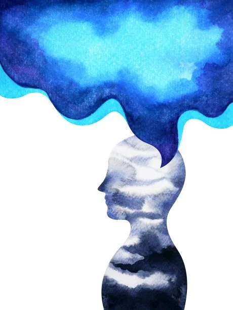An abstract watercolor painting of a human head in profile with a spiral in vibrant rainbow colors inside the head.