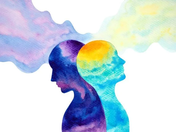 Watercolor illustration of a person with curly hair looking up at a thought bubble filled with clouds. The person's hair and the clouds are painted in soft pastel shades of purple, pink, blue, yellow, green, and gray.