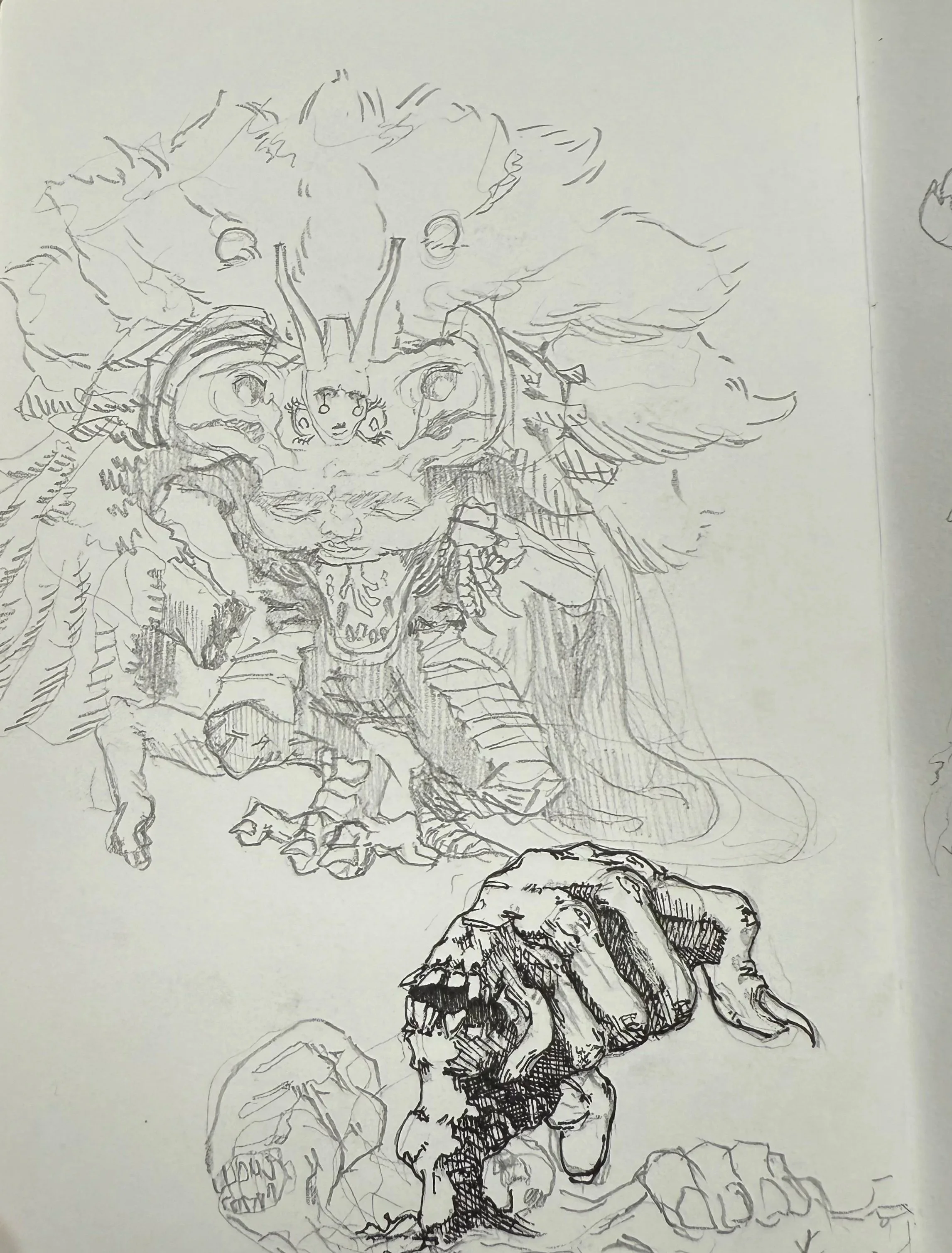A detailed pencil sketch of a distorted warrior, and a creepy talking hand critter.