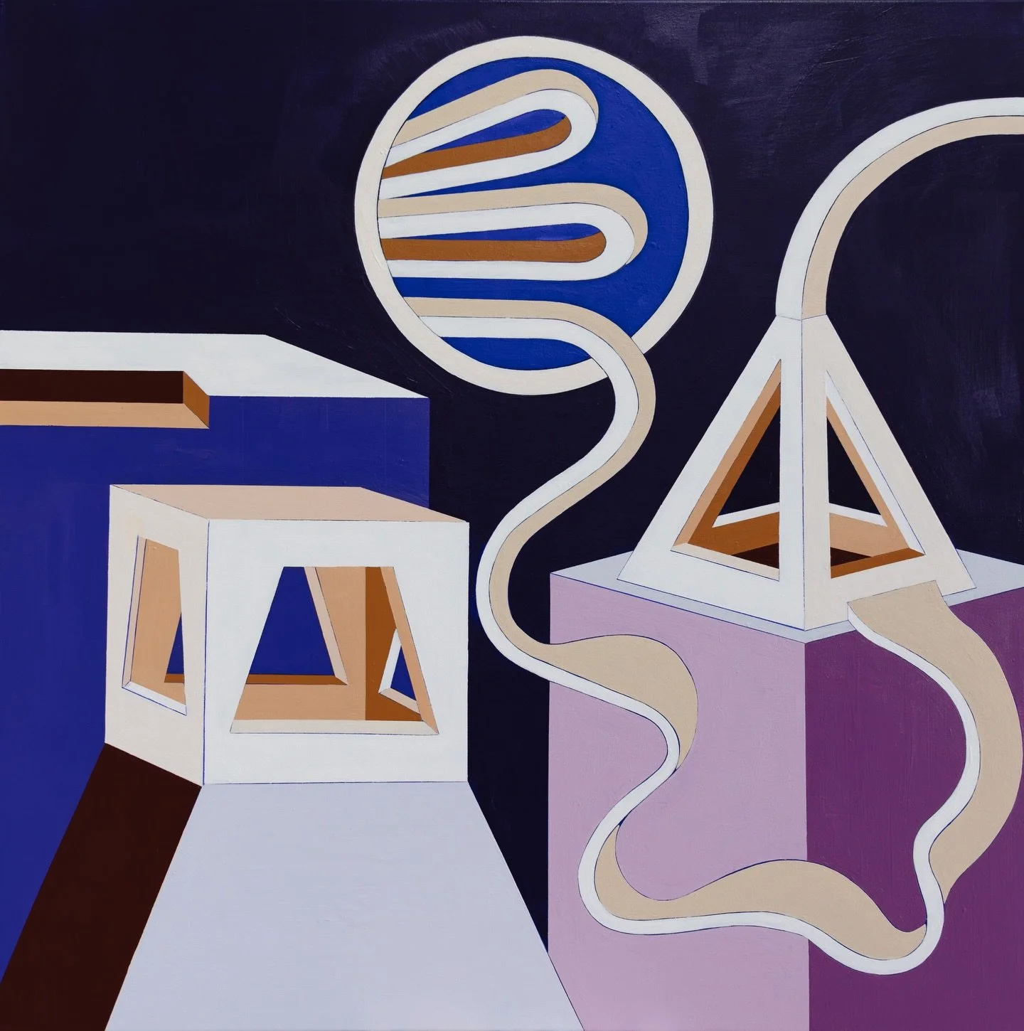 HELD IN PEACE, THOUGHT AND LIFE&rsquo;S FLOW. 🌀💭
2025
Acrylic on linen
102 x 102 cm

The THOUGHT CATCHER (Cube on left), is a recurring metaphor for the self in my practice. It has had a number of forms including that of a large scale mirrored stee