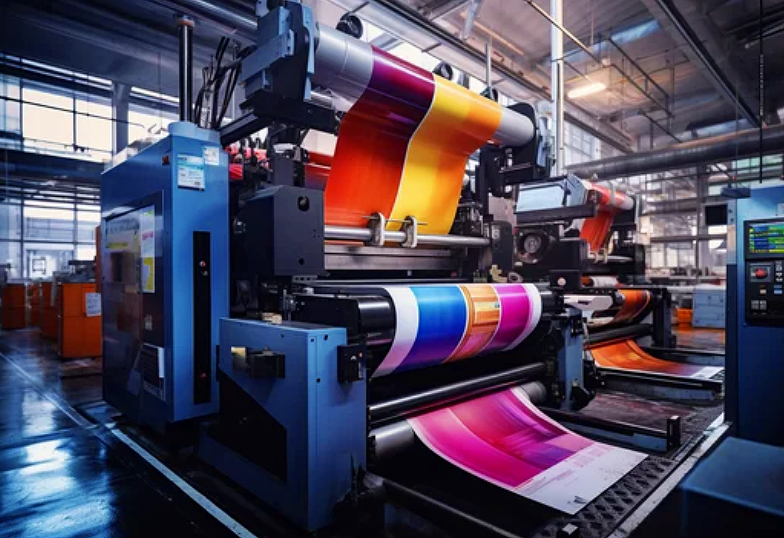 Industrial printing machine producing large, colorful sheets of printed material in a factory setting.