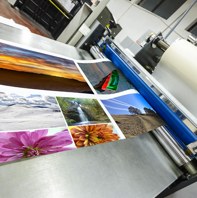 Printing machine producing a sheet of photographs of nature scenes and flowers.