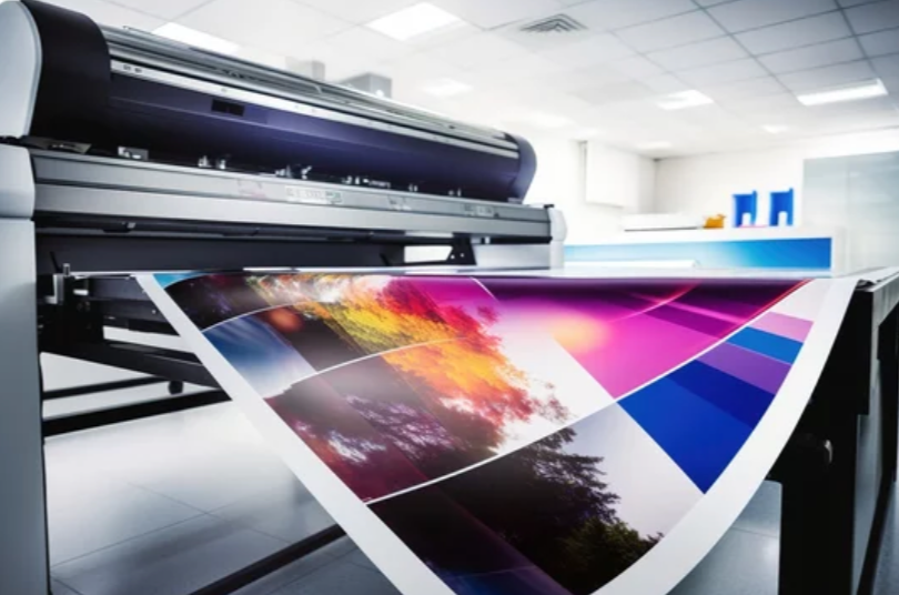 Large format printer printing a colorful landscape poster in a modern print shop.