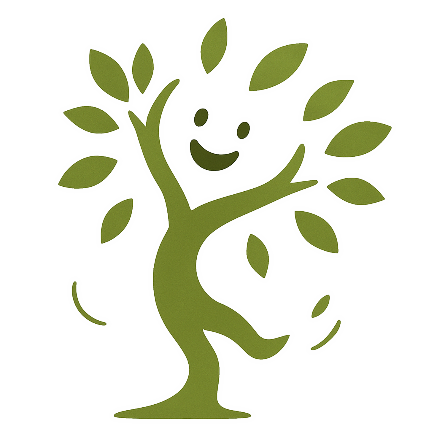 A stylized illustration of a happy, dancing tree with branches resembling arms and leaves. The tree has a smiling face and is depicted in a vibrant green color.