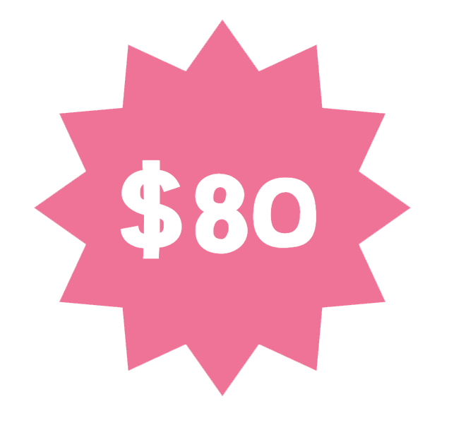 Pink starburst shape with white text displaying "$80"