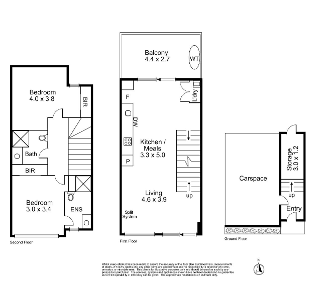 Floor plan of a two-story house showing second floor with two bedrooms, bathrooms, and built-in robes; first floor with living area, kitchen, balcony, laundry space, and staircase; separate garage with storage space, entry, and outdoor area.