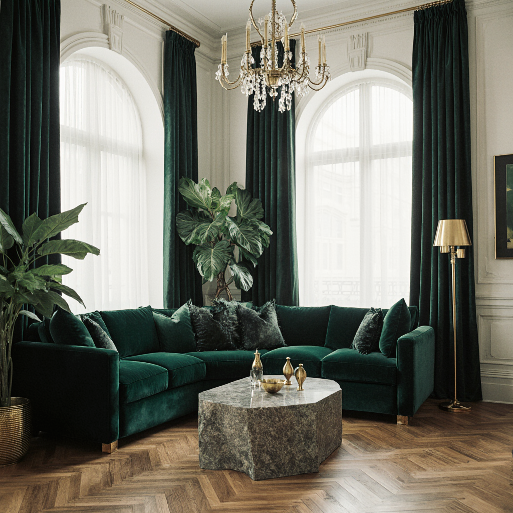 A luxurious living room with large arched windows, dark green curtains, a velvet green sectional sofa with black and dark gray throw pillows, a marble-topped coffee table with decorative vases, a tall potted plant, a chandelier, and a floor lamp with a gold finish.