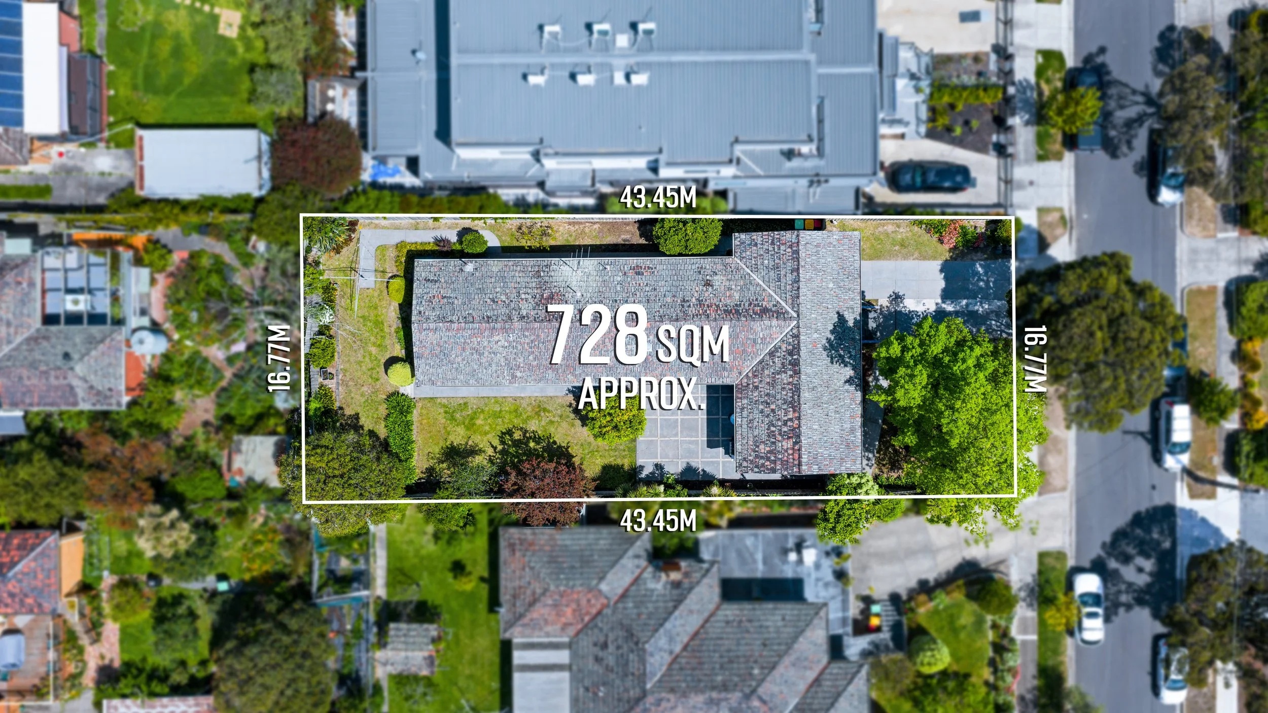 Aerial view of a property with labeled dimensions and area, showing a house with a tiled roof, surrounded by a green yard with trees and walking paths, in a neighborhood with neighboring houses and street parking.