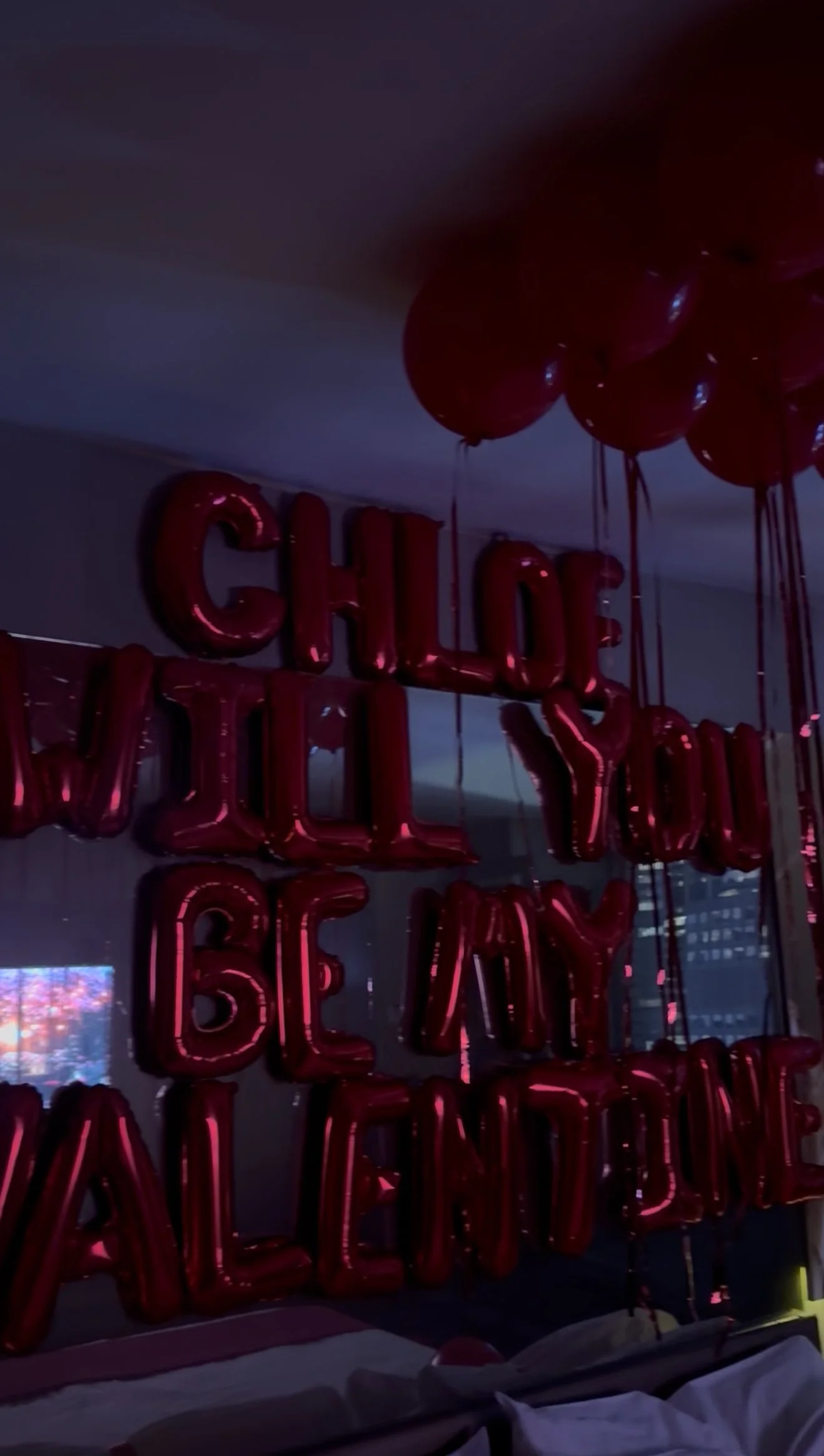 Hotel room red balloons, and 'Chloe Will You Be My Valentine" Balloon Banner