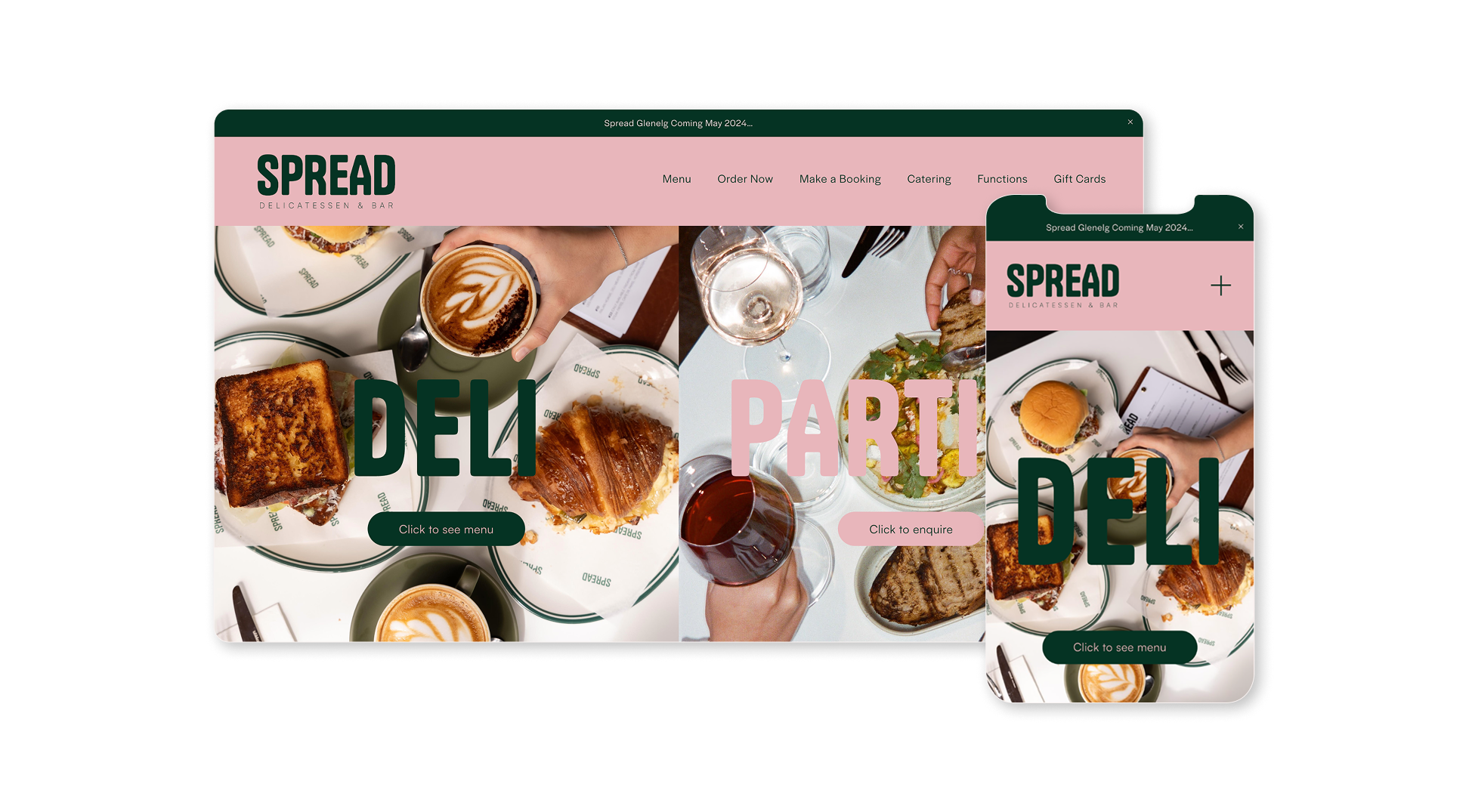 Website design preview for deli showcasing food items like sandwiches, burgers, coffee, and drinks with options to see the menu, inquire about parties, and other features.