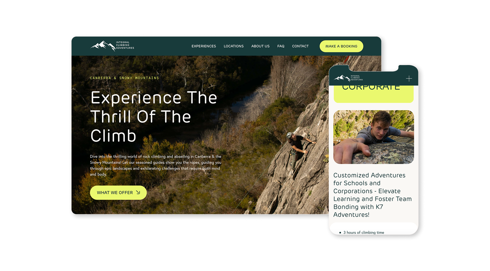 Website and mobile design for tour company featuring rock climbing in Canberra and Snowy Mountains, with text highlighting experiences and booking options.