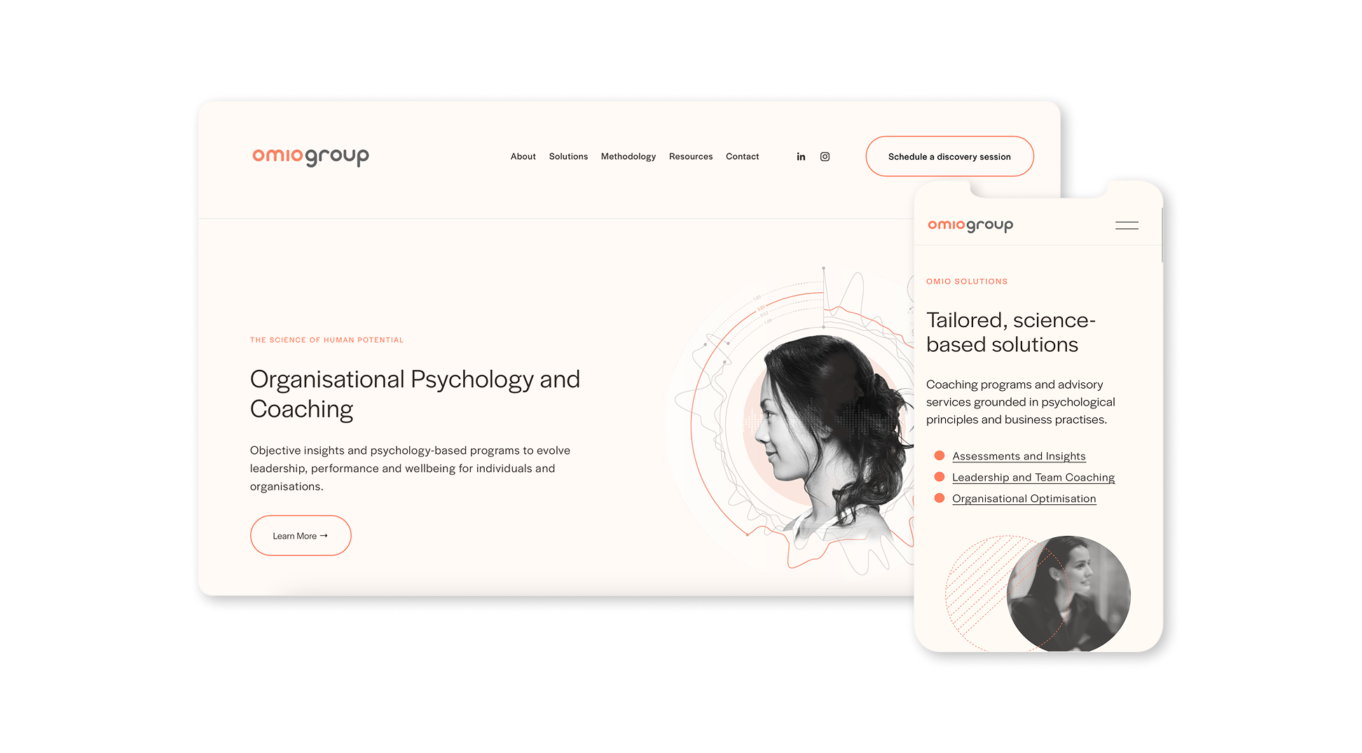 Website and mobile view of website mockup, offering organizational psychology and coaching services. Features include tailored solutions like assessments, leadership coaching, and optimization.
