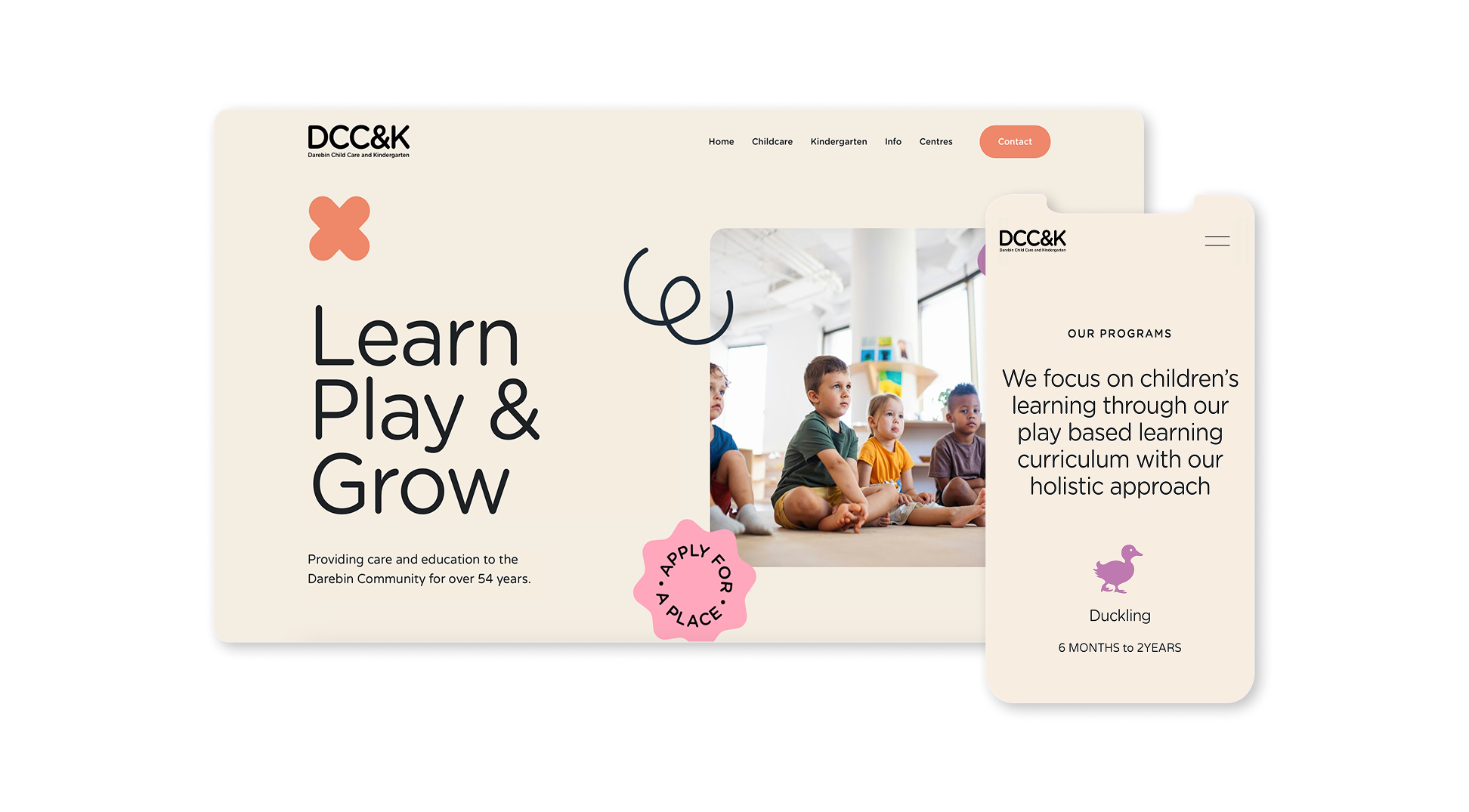 Website for kindergarten and childcare facility featuring text "Learn, Play & Grow," images of children sitting together, and program details focusing on play-based learning for ages 6 months to 2 years.
