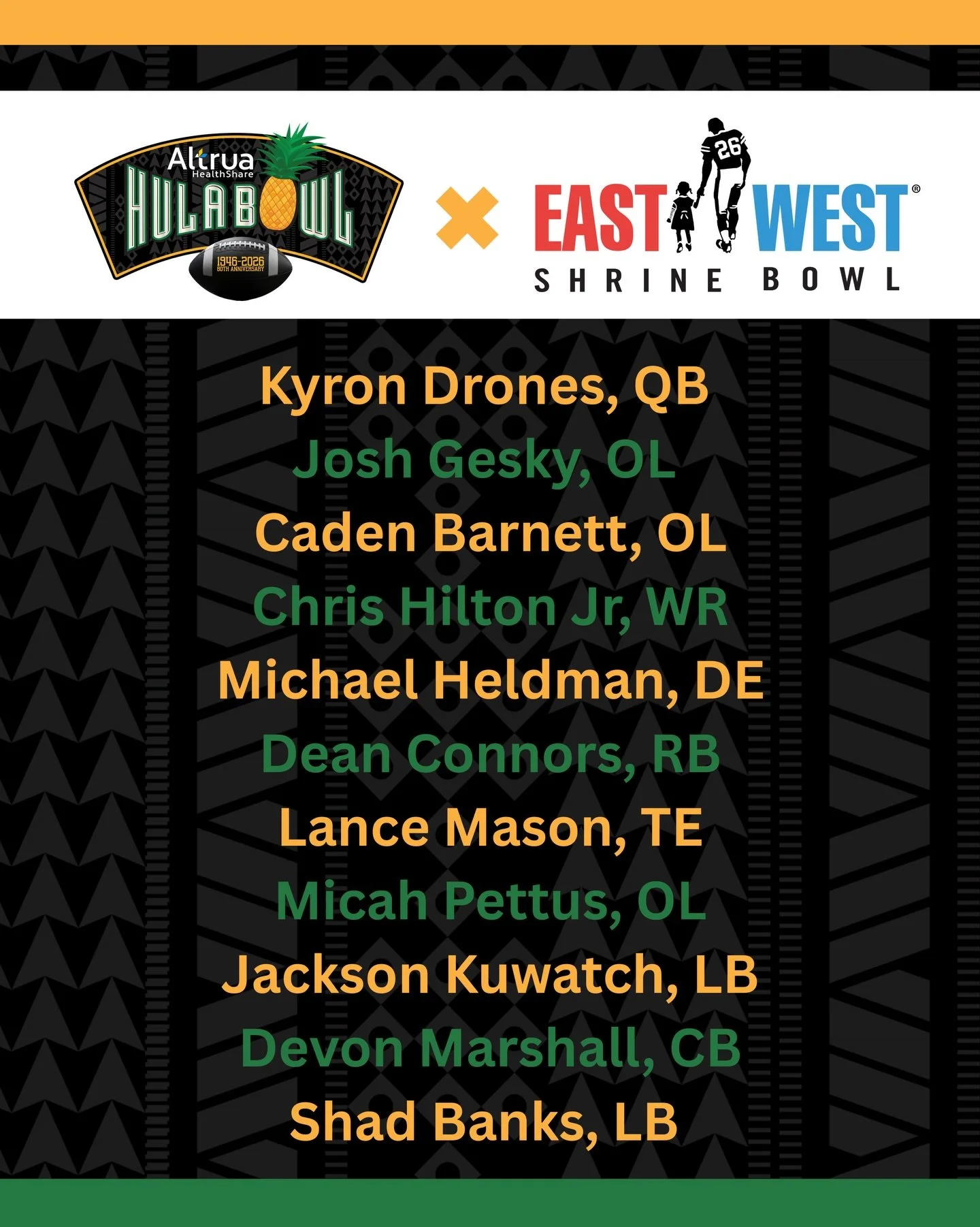 Best of luck to our Hula Bowl players who have earned the honor of competing in the @shrinebowl! We are proud of you all 👊🏈