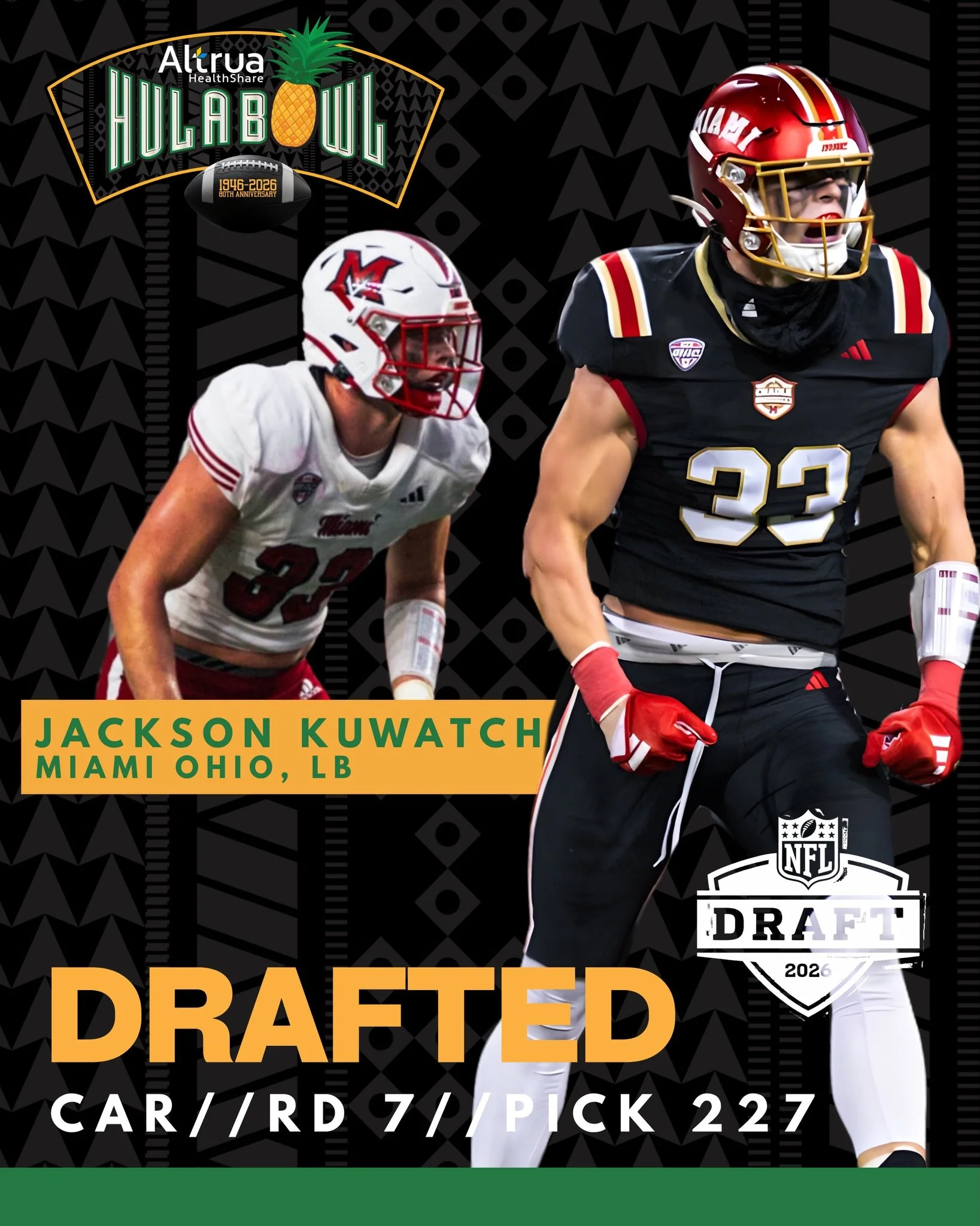 Hula Bowl to draft call&mdash;mission accomplished. Congrats on being the first player drafted from @miamiohfootball since 2022.