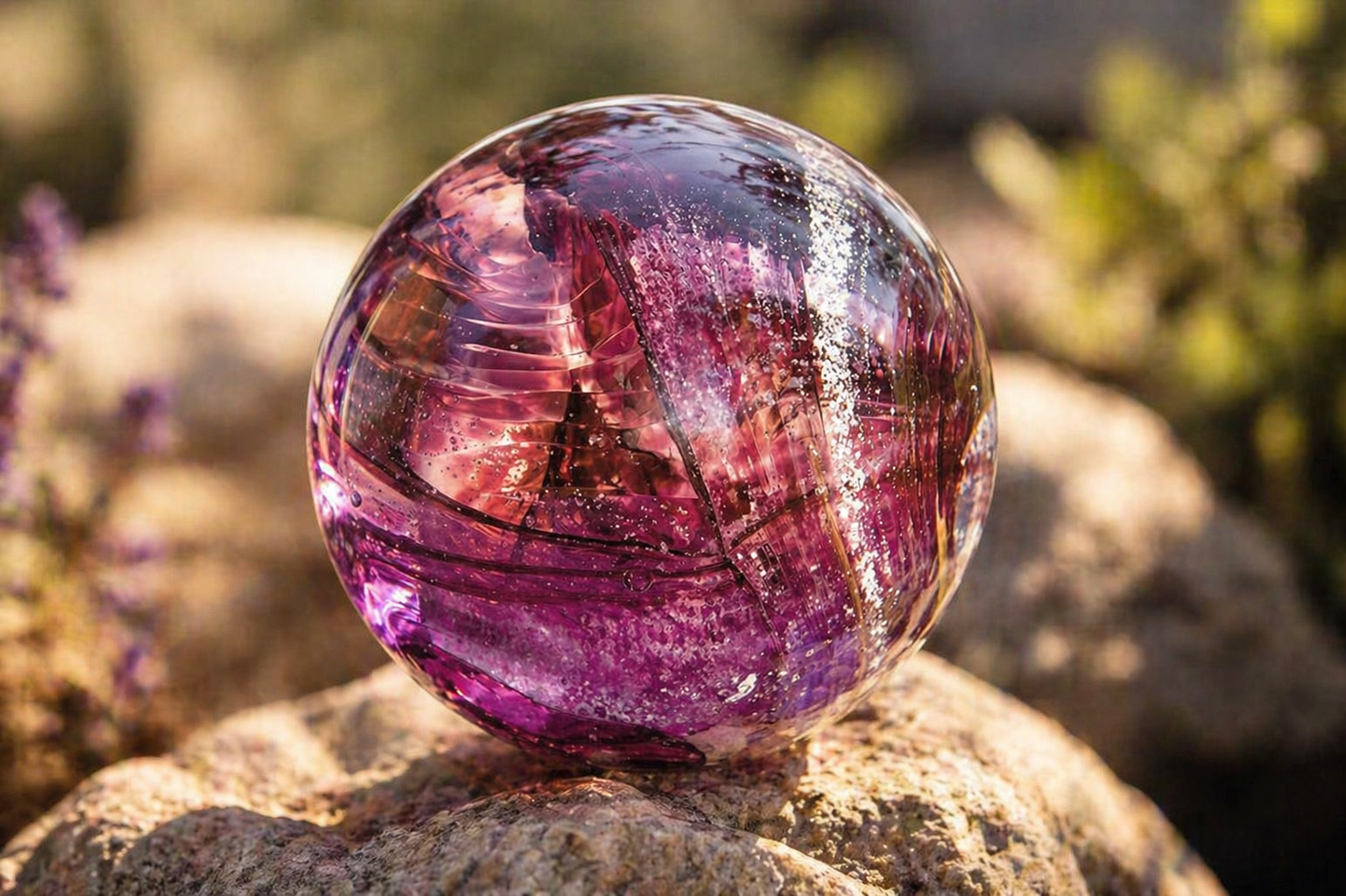 A close-up photograph of a multicolored glass sphere resting on a rock outdoors with blurred natural background.
