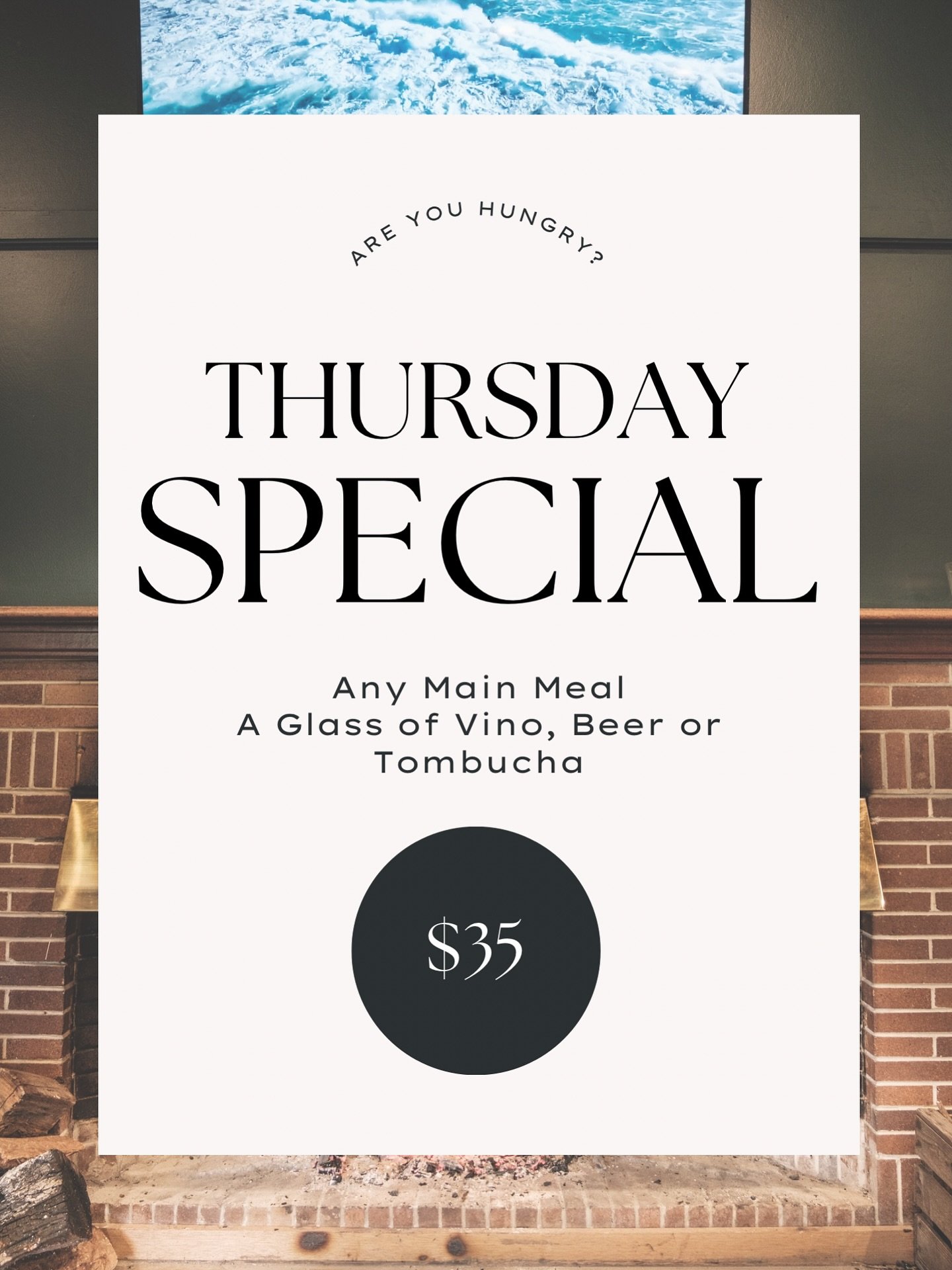 Welcome to Thursday!

As part of our step into the warmer weather, we are excited to bring you some new specials to keep your belly full and your tastebuds jumping!

Every Thursday - dinner and a glass of our finest for $35. You really can&rsquo;t be