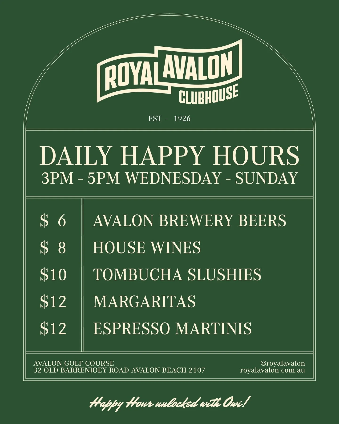 Happy Sunday!

It&rsquo;s a little wet outside, however down at The Royal we are just setting up!

Come on down for a round of Golf and maybe we can entice you to stick around with some of our OWi Specials&hellip;.

All day - Main size Five-Spice Cal