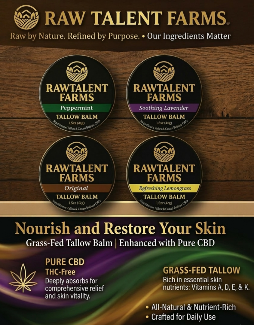 Four containers of Raw Talent Farms Tallow Balm in peppermint, soothing lavender, original, and refreshing lemongrass scents on a wooden surface. Packaging includes branding and product descriptions emphasizing skin nourishment, CBD content, and natural ingredients.