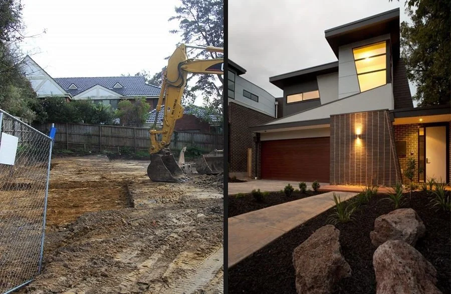 Side-by-side comparison of a construction site with an excavator and a modern house at night with lights on.