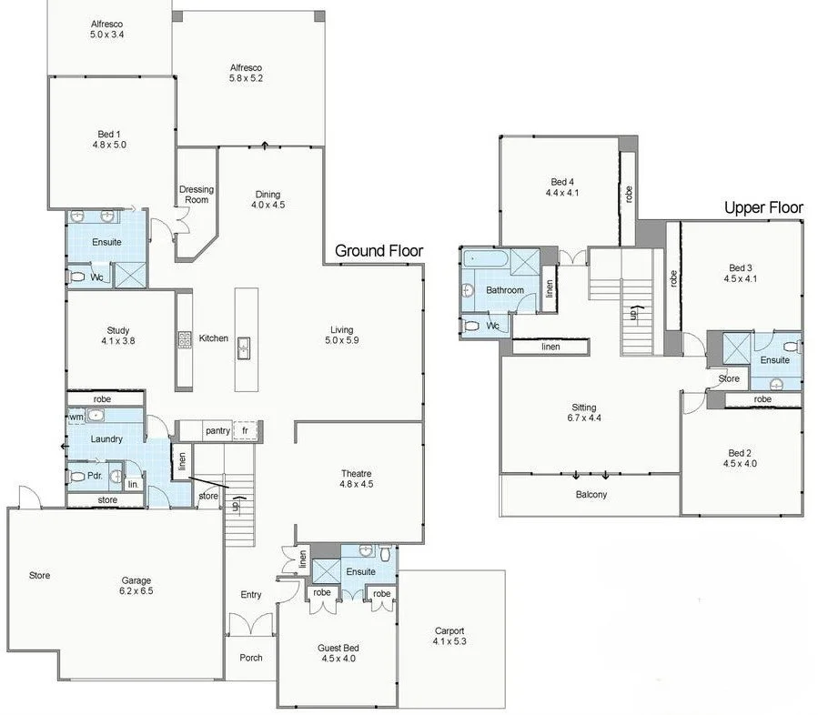Architectural floor plan of a two-story house, showing ground and upper floors. The ground floor includes a kitchen, living room, study, guest bed, theatre, and garage. The upper floor contains bedrooms, a sitting area, and a balcony.