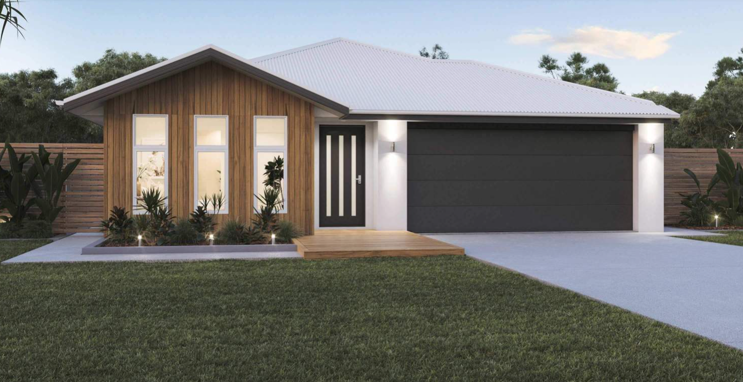 Modern single-story house with a wooden accent facade, large windows, a black garage door, and a manicured lawn.
